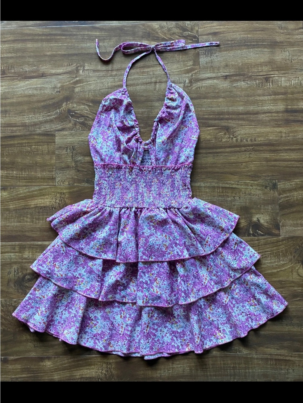 SHEIN Womens Junior Girls Pink Floral Tie Neck Ruffle Layered Summer Dress Sz L
